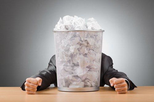 An individual wearing a dark suit with visible sleeves and hands rests on a wooden table, supporting a cylindrical metal mesh trash bin filled with crumpled white and light brown paper waste. The bin is densely packed and slightly overflows with paper, some protruding over the top edge. The background is a plain, neutral gray, highlighting the focus on the waste container and the person's hands. The scene appears to be in an indoor office or workspace environment, with the trash bin positioned centrally on the table. The image relates to rubbish removal services as it visually depicts waste collection or disposal, consistent with the offerings of Nottinghill House Clearance, especially in the context of domestic or office clearance in the Notting Hill area. The metal bin has a textured, perforated surface, and the paper waste displays a mix of crumpled sheets, suggesting general clutter or office rubbish typical of clearance operations in London metropolitan regions.